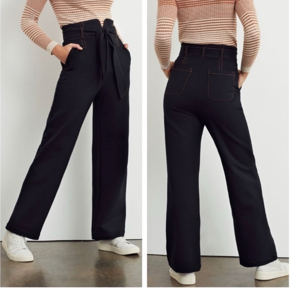 Anthropologie Maeve Irina Relaxed Ponte BlackWide Leg Belted Paper Bag Pants 0